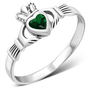 Green CZ Irish Claddagh Silver Ring, r546